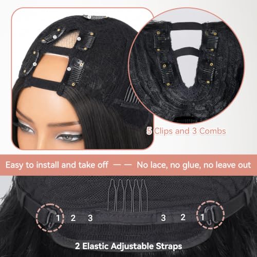 PREMPO 20 Inch Natural Black Wavy V Part Wig for Black Women - Glueless, Layered Synthetic Hair