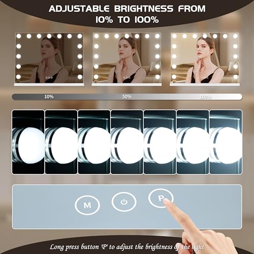 Vanity Mirror with Lights Lighted Makeup Mirror with 15 Dimmable LED Bulbs,3 Color Lighting Modes,USB Charging Port Touch Control,Sturdy Metal Frame Design,White