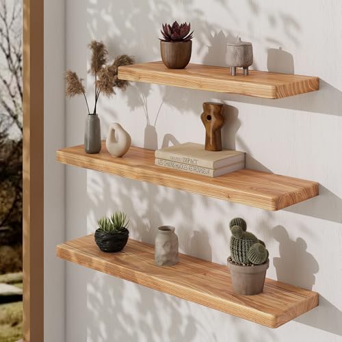 24-Inch Rustic Elm Wood Floating Shelves Set of 2 - Deep Wall Storage with Invisible Brackets