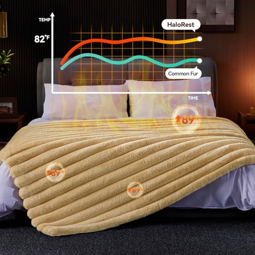 HaloRest Faux Fur Throw Blanket Beige 80x90 Inches - Thick, Plush, Double-Sided Warm Blanket