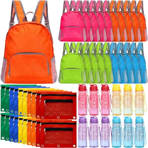 Set of 60 Colorful Backpacks Water Bottles & Pencil Pouches - Green, Blue, Orange, Fuchsia