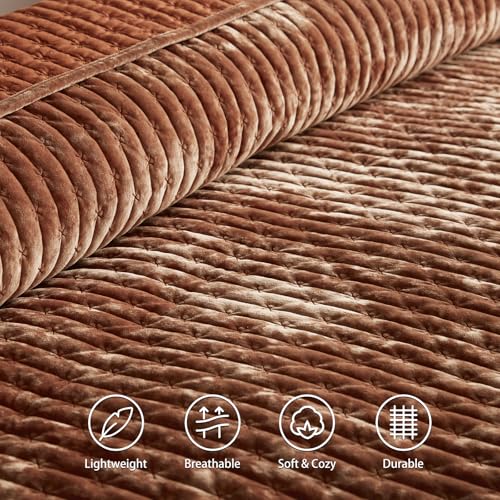 King Size Burnt Orange Velvet Quilt Set with 2 Shams - All Season Lightweight Comforter