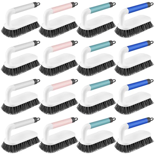 16 Pack Scrub Brush Heavy Duty Cleaning Brushes with Handle Stiff Bristles Scrub Brush Bulk for Shower Bathroom Carpet Kitchen Bathtub Scrubber, Grey, Blue, Green, Pink