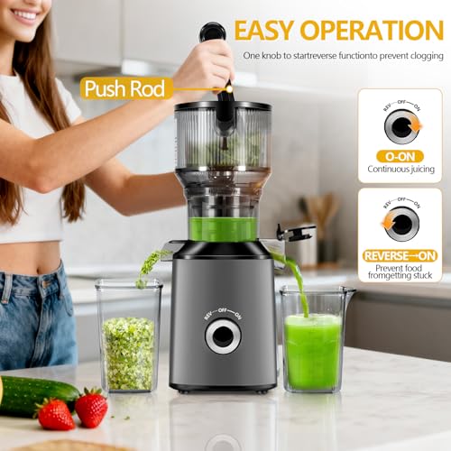 Threeall Deep Grey Cold Press Juicer with 5.8" Wide Feed Chute, Slow Masticating