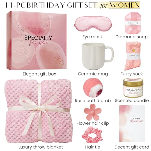 Pink Rose Birthday Gift Basket Set for Women - Spa & Self-Care Gifts