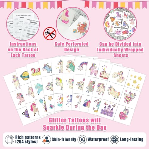 Partywind 204 Styles Glitter Temporary Tattoos for Kids Girls, 34 Sheets Perforated Tattoo Stickers for Girls Party Supplies Favors, Birthday Goodie Bag Stuffers Games Toys