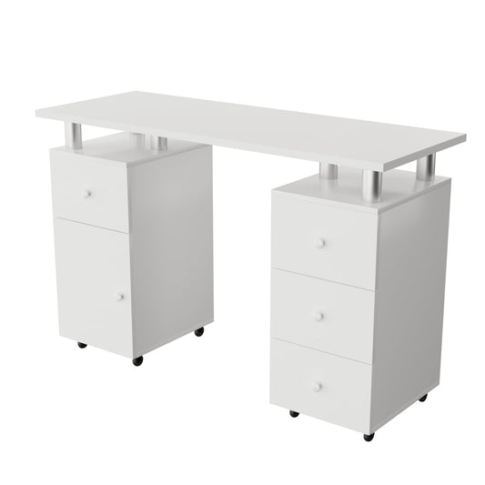 Cimcame Nail Desk for Nail Tech 47 inch Manicure Table with Drawers/Wrist Pad/Lockable Wheels Acetone Resistant Nail Art Station for Salon Spa Beauty Bar Technician,White