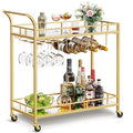 VASAGLE Gold Bar Cart with Mirrored Shelves, Wine & Glass Holders, 33.9"W