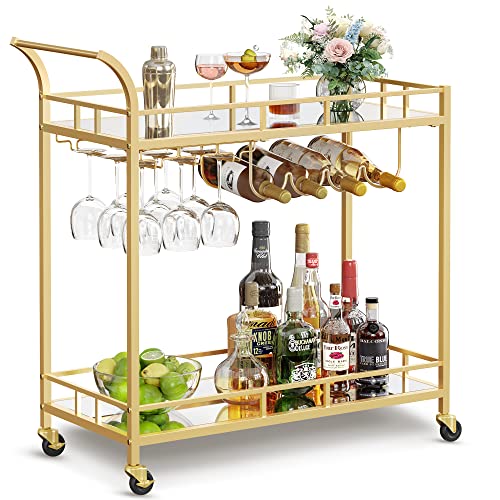 VASAGLE Gold Bar Cart with Mirrored Shelves, Wine & Glass Holders, 33.9"W