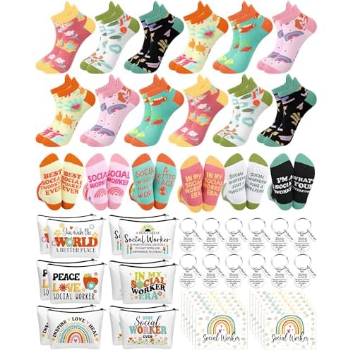 48 Pcs Novelty Social Worker Gifts Bulk Include Funny Cotton Ankle Socks Makeup Bag Keychain Greeting Card for Thank You Appreciation Birthday Graduation Gifts Supplies