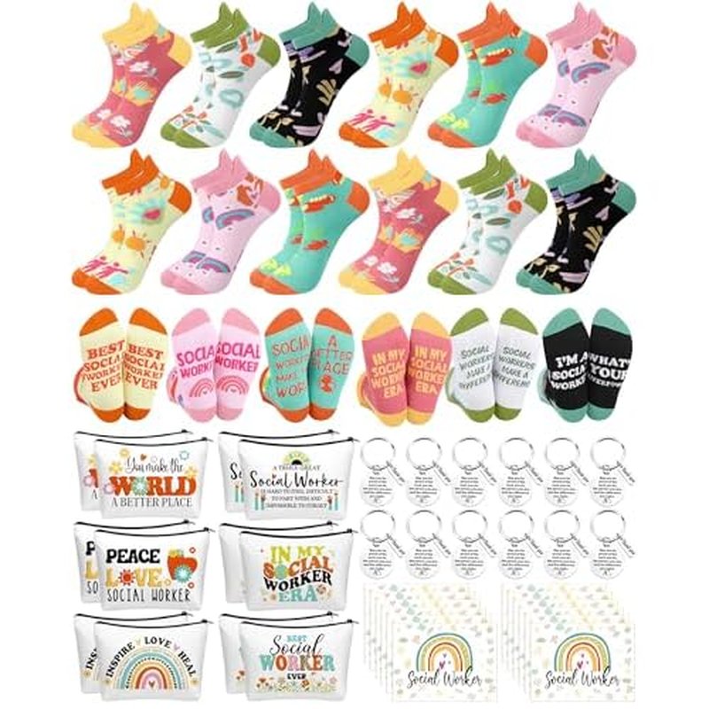 48 Pcs Novelty Social Worker Gifts Bulk Include Funny Cotton Ankle Socks Makeup Bag Keychain Greeting Card for Thank You Appreciation Birthday Graduation Gifts Supplies
