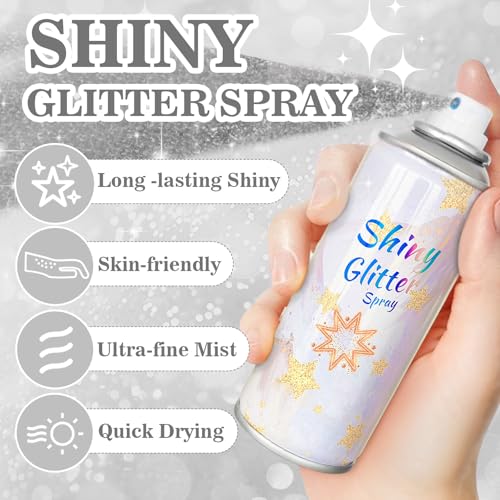 Body Glitter Spray Silver Glitter Spray for Hair Body and Clothes, Quick-Drying Shimmer Powder for Kids, Suitable for Christmas Concert Festival Halloween Party- 4.22 Fl Oz, Silver