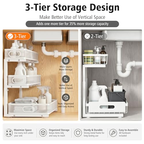 GUUKAR White 3-Tier Under Sink Organizer with Adjustable Height – Metal Storage Rack