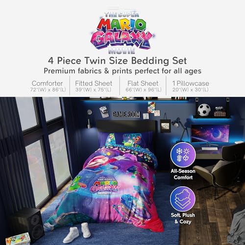 Super Mario Galaxy Movie Bedding Set - Twin Reversible Comforter & Sheet Set, Kids Officially Licensed