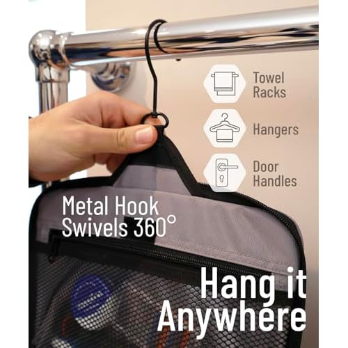 D&D Hanging Travel Toiletry Bag for Men and Women - Extra Large Hanging Shower Bag and Toiletries Organizer Kit with 10 Compartments, Quality Zippers, XXL Metal Swivel Hook, Water-Resistant Nylon