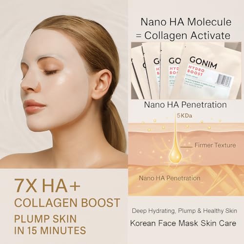 GONIM Face Mask Korean Skin Care with Hyaluronic Acid Serum, Vitamin C, Collagen Activation-Hydrating Face Masks Skincare, Anti Aging & Moisturizing Sheet Mask for All Skin Korean Face Mask 30mlx15pcs