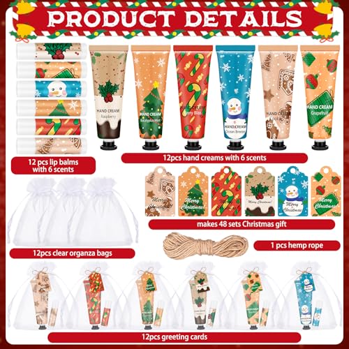 12-Pack Christmas Hand Cream & Lip Balm Gift Set for Women - Festive Scents & Packaging