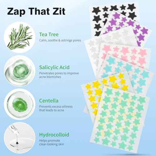 Pimple Patches for Face, Colorful Hydrocolloid Acne Patches, Cute Star Zit Covers for Face, Spot Stickers with Tea Tree, Salicylic Acid & Cica Oil| 4 Sizes (8mm, 10mm, 12mm & 14mm) |357 Count