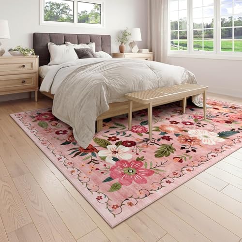 WARMYS 8x10 Pink Boho Floral Washable Area Rug - Dusty Pink & Green