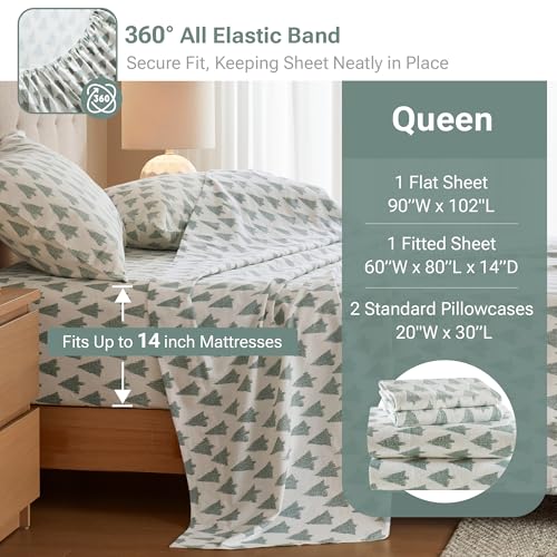 Queen Flannel Sheet Set with Ikat Tree Pattern - Cozy 100% Cotton Bedding