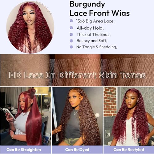 Red Lace Front Wigs Human Hair 13x6 Deep Wave 18 Inch 99J Burgundy Wet & Wavy
