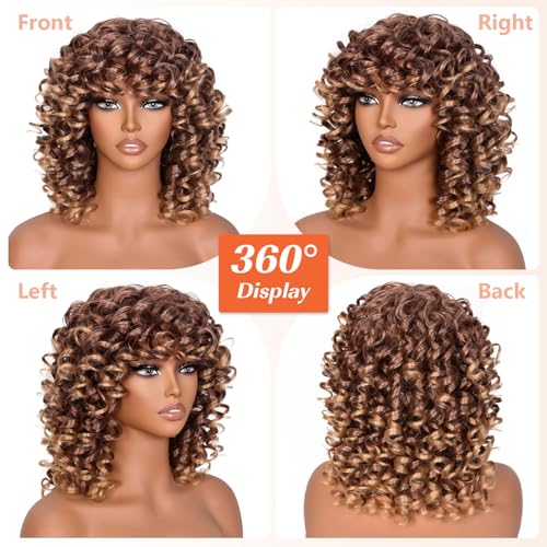 SweeceHair Ombre Blonde 14 Inch Curly Wig for Black Women with Bangs | Glueless Heat-Resistant Synthetic Wig