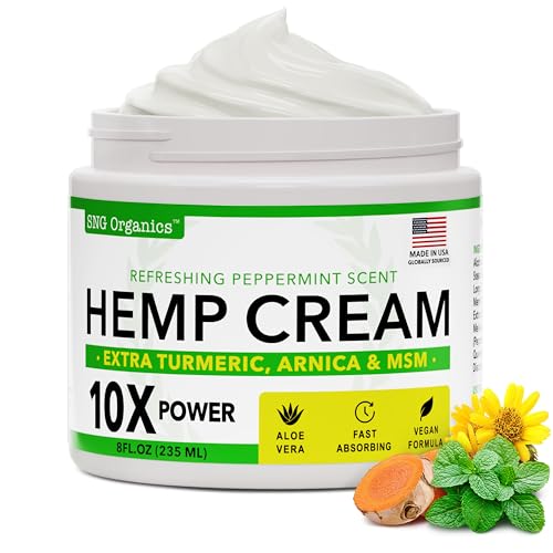 Super Natural Goods Hemp Cream 8oz with Hemp Oil, Turmeric, Arnica & Menthol – Cooling Botanical Topical for Localized Use