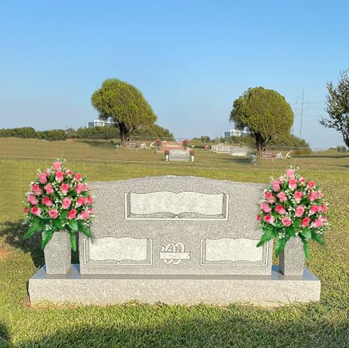Artificial Cemetery Flowers Pink Rose Bouquet Set with Vases - Outdoor Grave Decorations