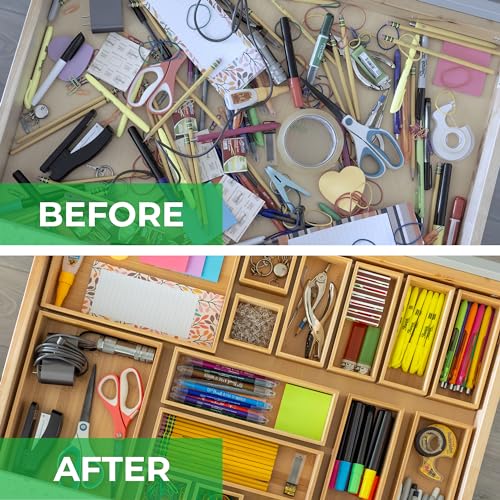 7-Piece Bamboo Drawer Organizer Set - Multi-Size Storage Trays for Kitchen, Bathroom, Office & Vanity