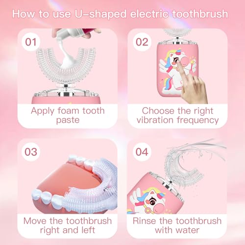 ELOTAME Kids Pink U-Shaped Sonic Electric Toothbrush for Ages 2-7 with Toothpaste