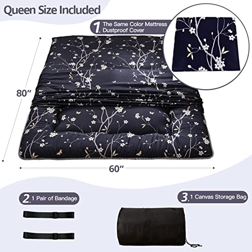 MAXYOYO Navy Floral Japanese Floor Mattress 4-Inch Queen Size Futon