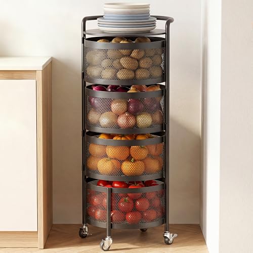 4-Tier Rotating Kitchen Storage Rack - No Assembly Metal Basket Organizer, Black
