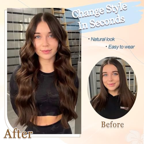 Wavy Hair Topper 20 Inch Clip-In Thinning Hair Coverage with Bangs - Brown Blonde Dark Root Variation