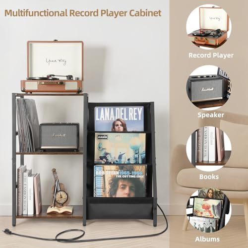 Bikoney Record Player Stand with Power Outlet & 3-Tier Vinyl Storage, Brown & Black, Fits Up to 200 Albums