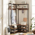 GIANTEX Walnut & Black Corner Coat Rack with Bench & Shoe Storage - L-Shaped Hall Tree