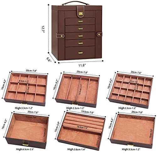 Large 6-Tier Jewelry Box Organizer with 5 Drawers & Mirror - Extra Large Brown