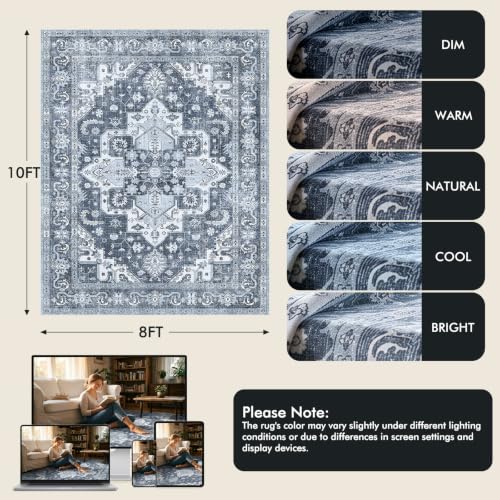 Blue Washable 8x10 Area Rug for Living Room Non-Slip Vintage Boho Style