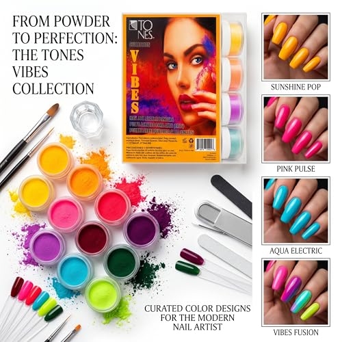 TONES Acrylic Powder Collection Vibes - 12 Shades Nail Art Set, Durable Finish