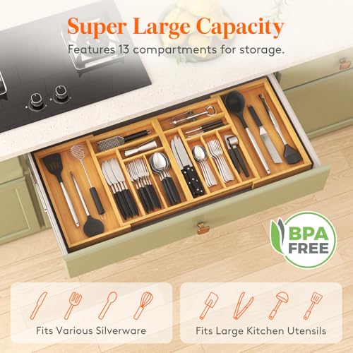 Lifewit Adjustable Silverware Drawer Organizer Tray | Bamboo Utensil Storage