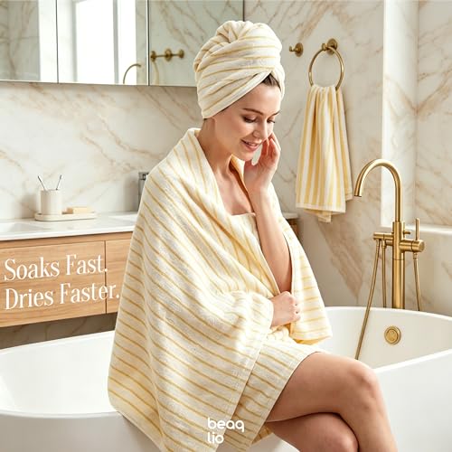 Yellow Cotton Bath Towels Set 8 Pieces - Striped, Soft & Absorbent