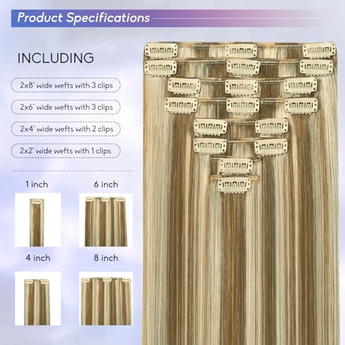 Clip in Hair Extensions Light Blonde Highlighted Golden Blonde 16 Inch 90g - Real Human Hair Remy Set