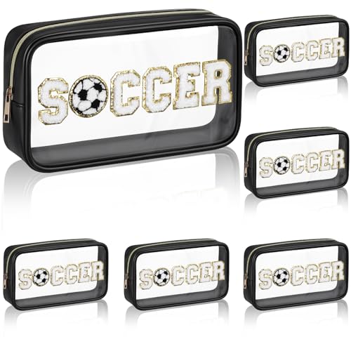 Reallnaive 6 Pcs Soccer Clear Makeup Bags with Chenille Patch - Black, Waterproof, Portable