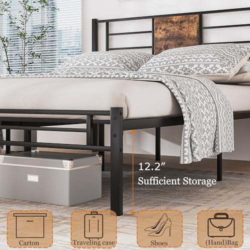 Queen Size Bed Frame with Headboard and Metal Slats - Black & Brown, 1-Pack