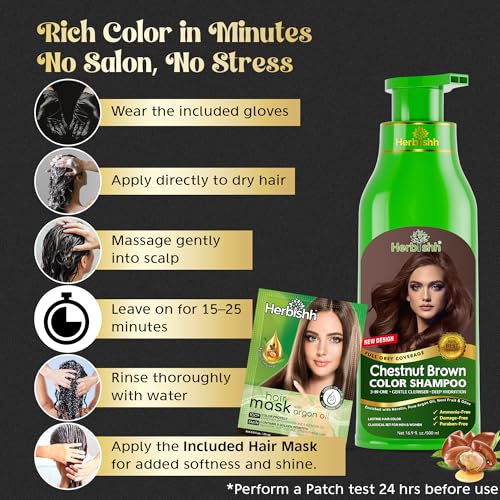 Herbishh Chestnut Brown Hair Color Shampoo & Argan Hair Mask Combo for Grey Hair - Vegan, Ammonia-Free