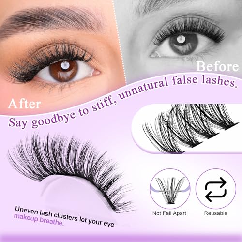 Wendy Lash Clusters Kit With Bottom Lashes 40D+50D+60D+80D+100D+150D 880-Pcs Fluffy Eyelash Clusters D Curl Lashes Extension Soft Eyelash Extension Kit Wispy Natural DIY at Home