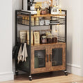 Large Coffee Bar Cabinet on Wheels with 3 Tiers, Wire Basket Drawer & Hooks