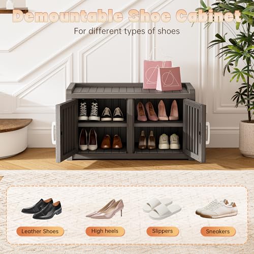 NBYSGO Classic Grey Waterproof 2-Tier Outdoor Shoe Storage Bench with Double Doors