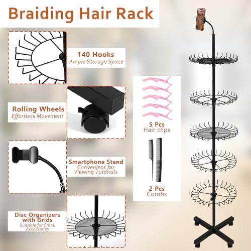 Braiding Hair Rack Standing Hair Extension Holder 140 Pegs Braiding Hair Rack and Divider Stand with Phone Holder & Stylist Hair Braiding Tools for Hair Salon Home Traveling
