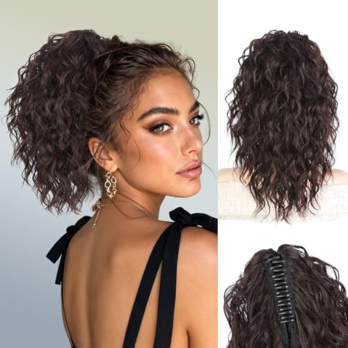 14-Inch Dark Brown Ponytail Extension with Claw Clip - Curly Wavy Fluffy Hairpiece for Women - Variation of THIS listing