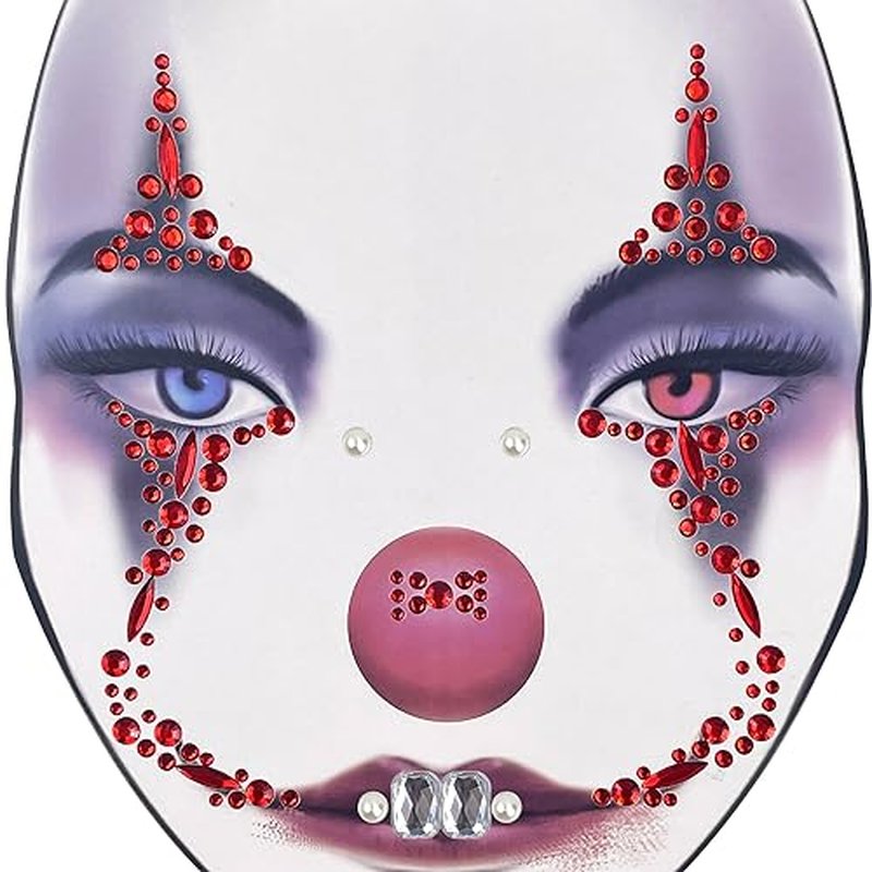 2 Pack Halloween Face Gems Jewels Clown Face Sticker Nun Makeup Tattoo Scary Temporary Rhinestone Face Tattoo for Halloween Festival Rave Party Make Up Accessories